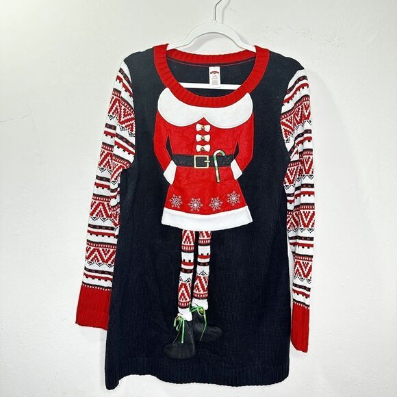 Women’s Holiday Time Ugly Christmas Elf  Sweater Bells Bling Swinging Legs Large - Picture 3 of 11